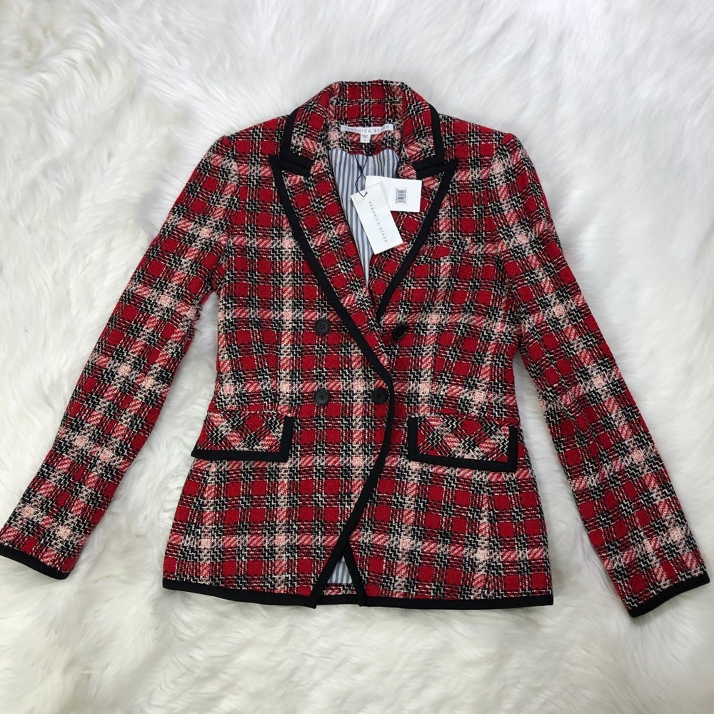 NWT $650 Veronica Beard Harriet Cutaway Red Checked Blazer Jacket - Picture 3 of 5
